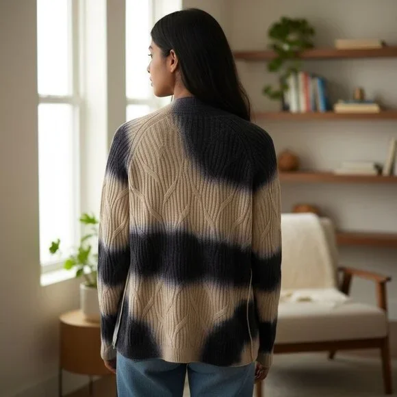 J.Jill Pure Jill Women's Cable Knit Cardigan Open Front Blue Ivory Tie-dye Large - Picture 11 of 16